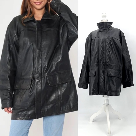 Roundtree & York 90s Oversized Utility Midi Thinsulate Lined Leather Jacket - Picture 1 of 15